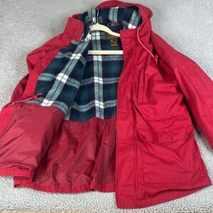 Eddie Bauer Jacket Mens Medium Red Wool Plaid Hood Lined Chore Barn Parka Coat